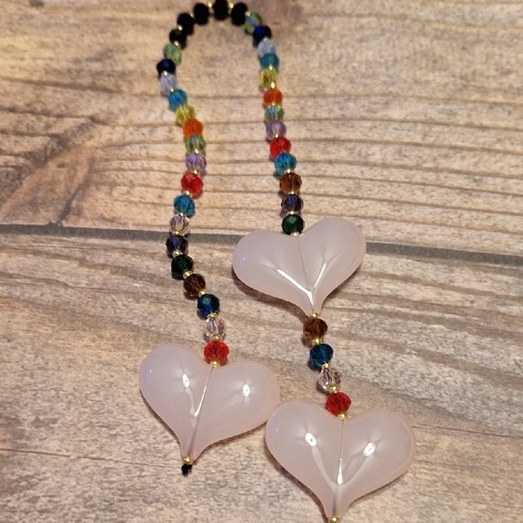 Bag Charm Faceted Glass Beads With Pink Glass Hearts - Picture 3 of 5